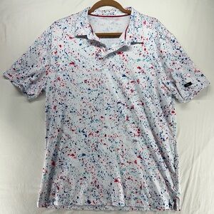 Obla Performance Golf Polo Shirt White Red Blue‎ Paint Splatter Mens Large